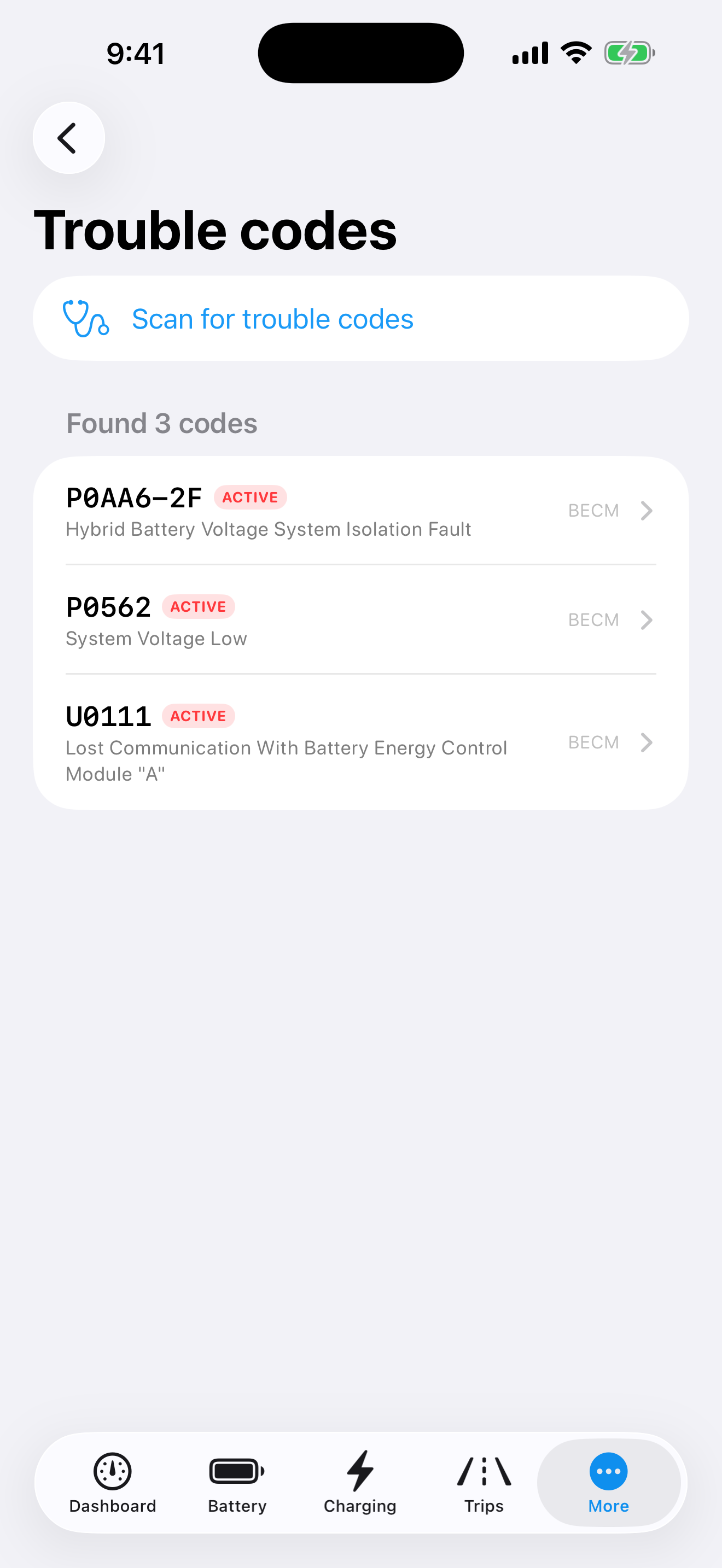 Trouble code scan results with plain-English explanations in the Companion app